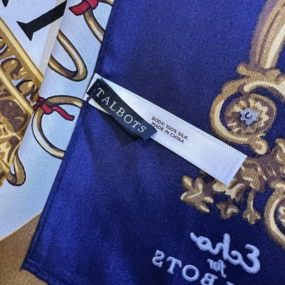 Echo for Talbots Silk Scarf 12 Days of Christmas Navy Blue Gold 34x34 Square